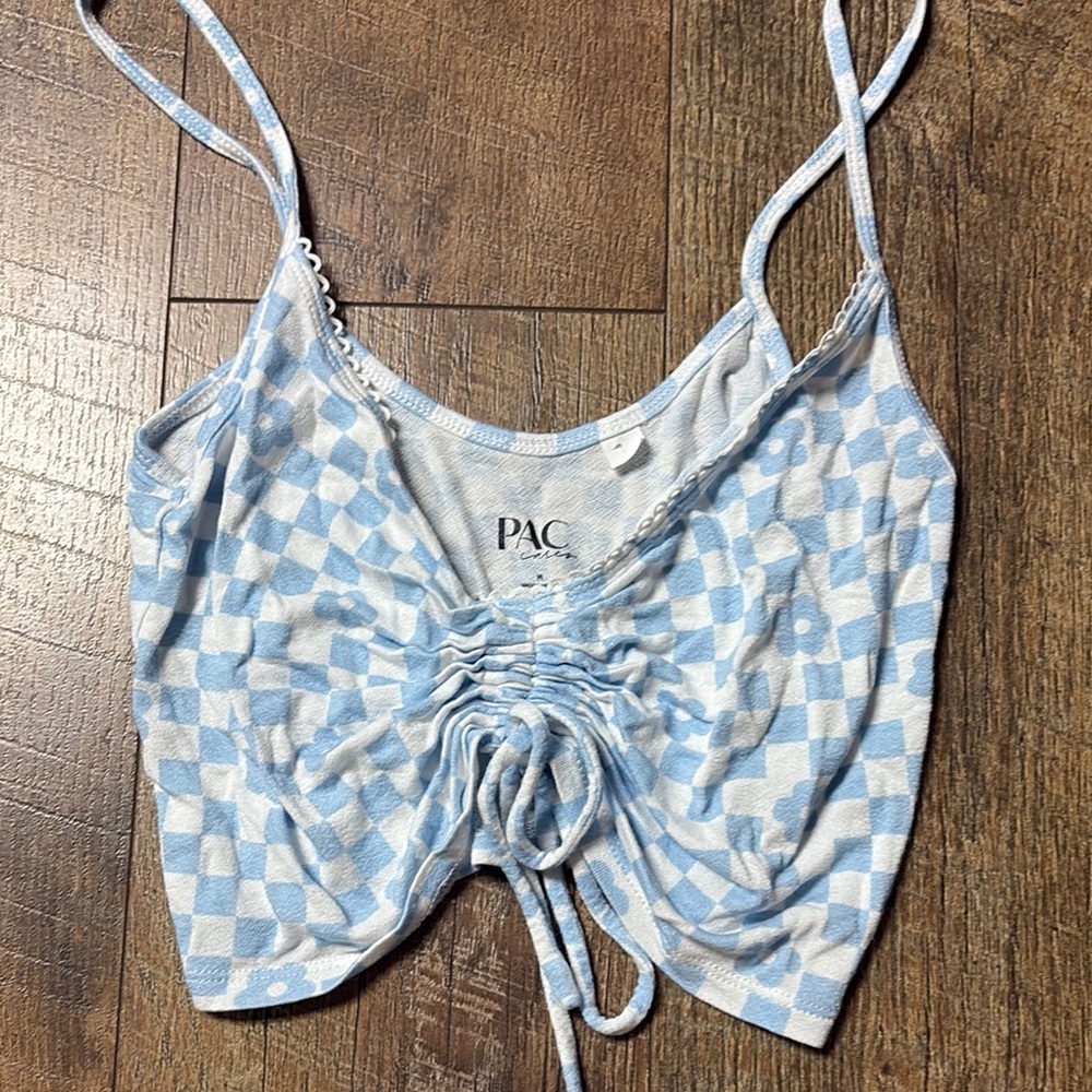 Blue and White Checkered Ruched Tank Top